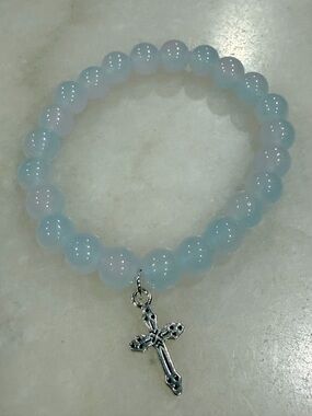 Soft Blue Beaded Silver Cross Charm Bracelet